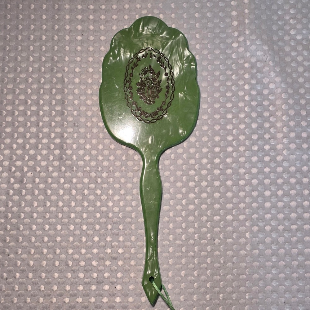 Vintage Green Celluloid Hand Mirror Marbled Pearlescent Decor 13.5"